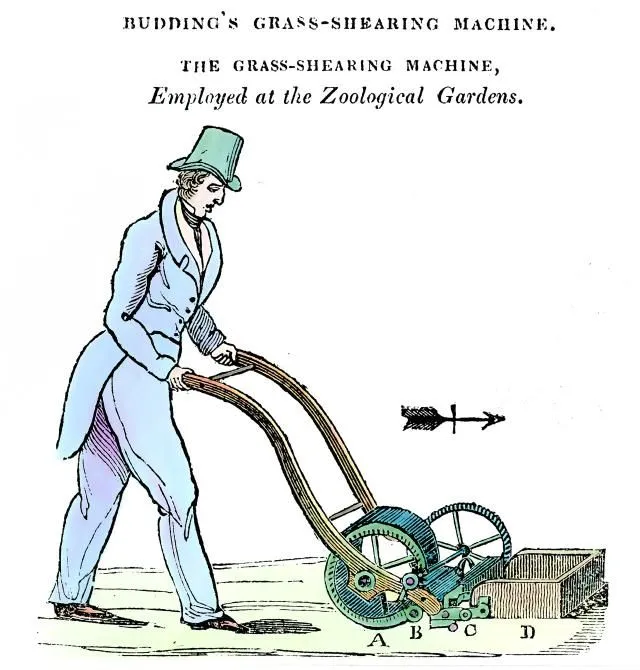 Drawing of lawn mower from history