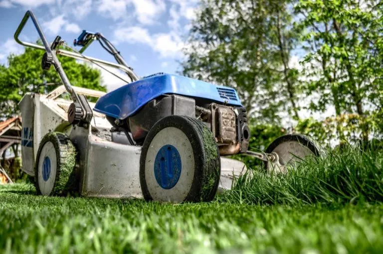 Blue lawn mower on top of grass